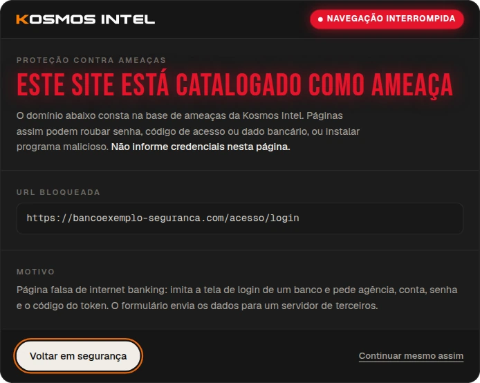 Página de aviso do Kosmos Safe Browsing: este site está catalogado como ameaça