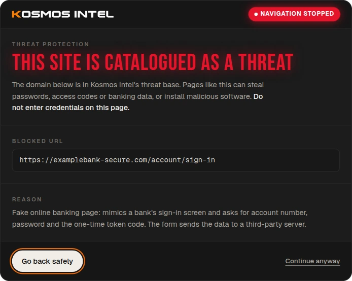 Página de aviso de Kosmos Safe Browsing: este sitio está catalogado como amenaza