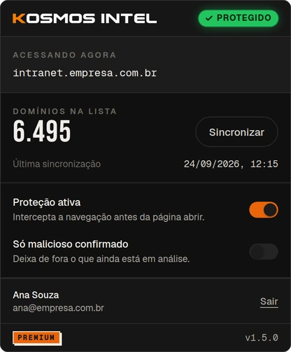 Popup do Kosmos Safe Browsing com a proteção ativa e 6.495 domínios na lista