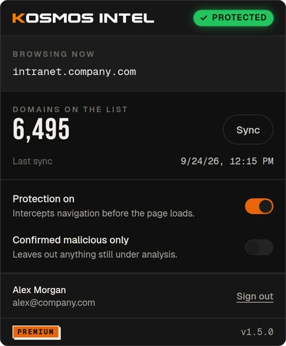 Popup de Kosmos Safe Browsing con la protección activa y 6.495 dominios en la lista